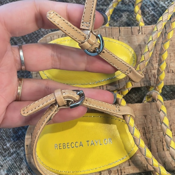 Rebecca Taylor Yellow Braided Leather Floral Cork Sandals Women's Size 6.5/7 - Picture 6 of 6